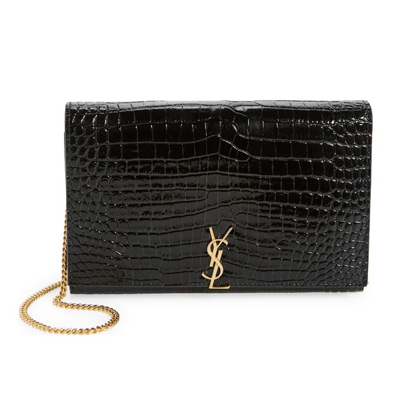 Yves Saint Laurent Handbags - Saint Laurent Glossy Croc Embossed Leather Wallet on a Chain NERO NIB